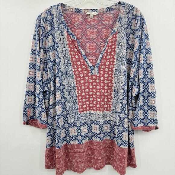 Lucky Brand Boho Printed Cotton Knit Top Sz 2X Red Blue Casual Office Split Neck - Picture 1 of 11